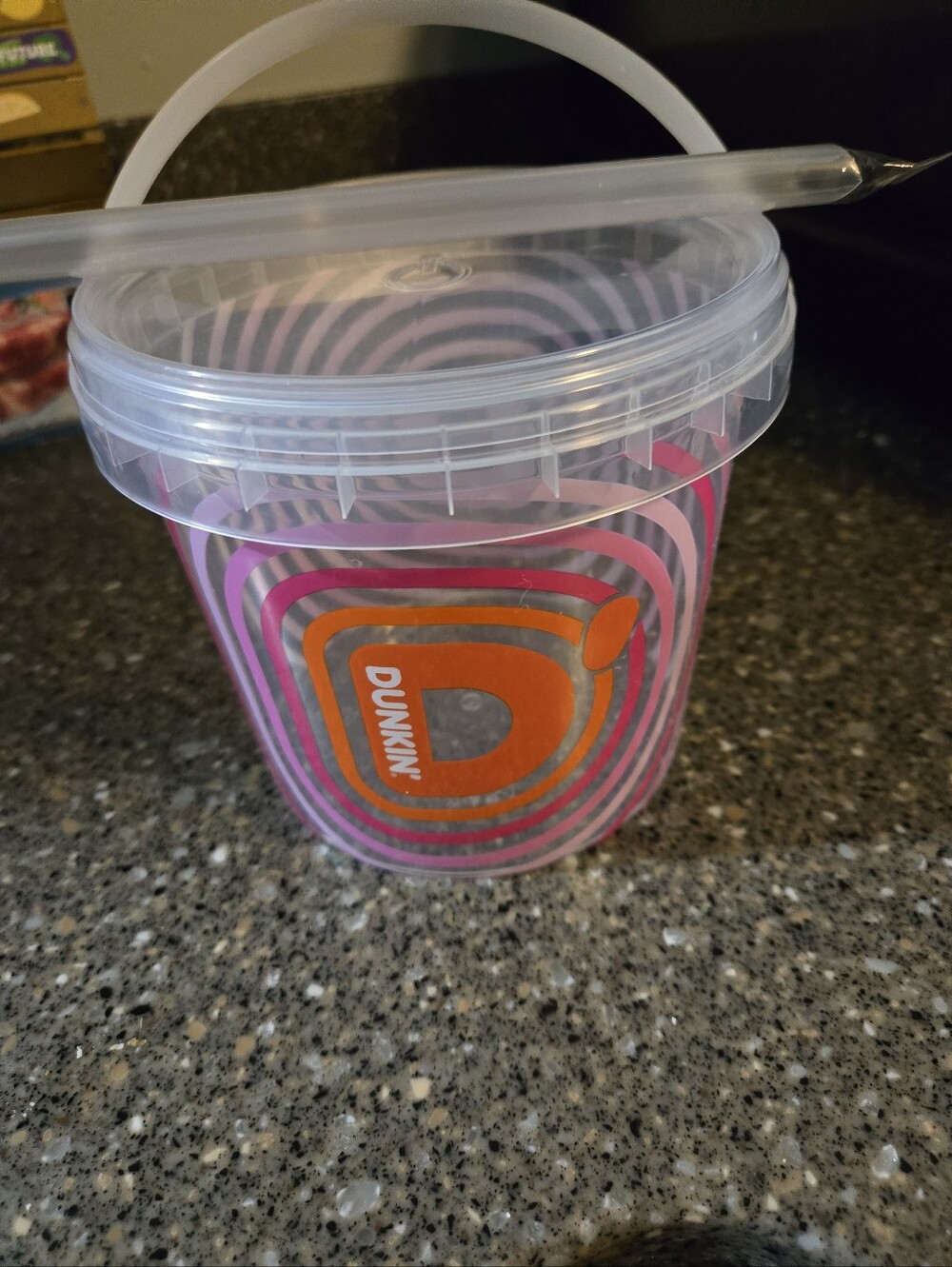 Dunkin' Pink & Orange Swirl Drink  Bucket with Handle And Straw